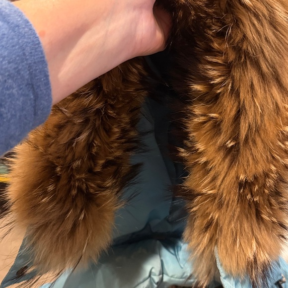 Burberry Light Blue aqua Puffer convertible Jacket to vest with real Fur Trim